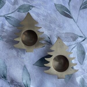 Two Solid Brass Christmas Tree Shaped Votive Tea light Candle Holders 4 Inch